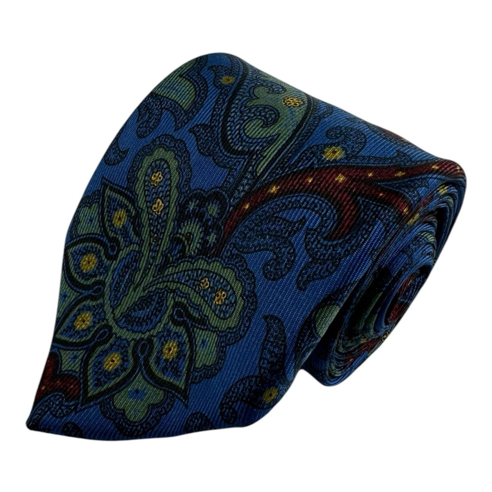 Paul Stuart Mens Silk Tie Blue Green Red Floral Paisley Handmade England 3.5"